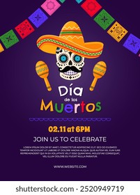 Dia de Los Muertos - Flyer de convite do Dia Mexicano dos Mortos, poster ou modelo de banner com título e objetos tradicionais coloridos. Ilustração vetorial