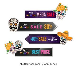 Dia de Los Muertos - Dia Mexicano dos Mortos adesivo definido com objetos tradicionais mexicanos coloridos. Modelo de design para venda de compras, publicidade. Ilustração vetorial