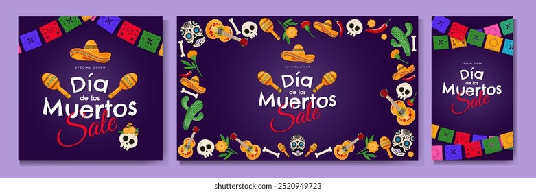 Dia de Los Muertos - Banner do Dia Mexicano dos Mortos com coloridos objetos tradicionais mexicanos. Modelo de design para venda de compras, publicidade, web, mídias sociais. Ilustração vetorial