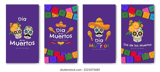 Dia de Los Muertos - Mexikanischer Tag der Toten Banner mit bunten mexikanischen traditionellen Objekten. Designvorlage für Web und Social Media. Vektorgrafik