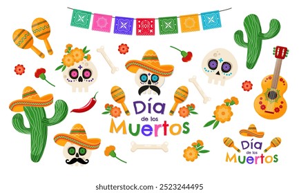 Dia de Los Muertos - Mexican Day of the Dead. Traditional colorful objects set. Vector illustration	