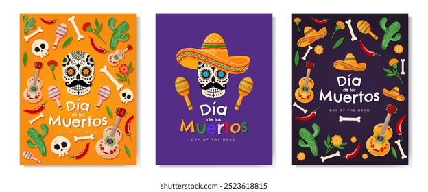 Dia de Los Muertos - Estandarte mexicano do Dia dos Mortos, cartaz, conjunto de cartões com objetos tradicionais mexicanos coloridos. Ilustração vetorial