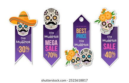 Dia de Los Muertos - mexikanischer Tag der Toten Aufkleber mit bunten mexikanischen traditionellen Objekten. Design-Vorlage für den Einkaufsverkauf, Werbung. Vektorgrafik	
 mit bunter mexikanischer Tradition