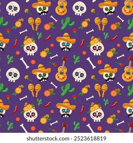 Dia de Los Muertos - Mexican Day of the Dead seamless pattern with colorful mexican traditional objects. Design for print, wrapping paper, textile, fabric, wallpaper. Vector illustration