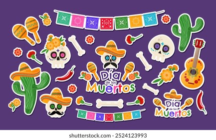 Dia de Los Muertos - Dia Mexicano dos Mortos. Conjunto de adesivos de objetos coloridos tradicionais. Ilustração vetorial	