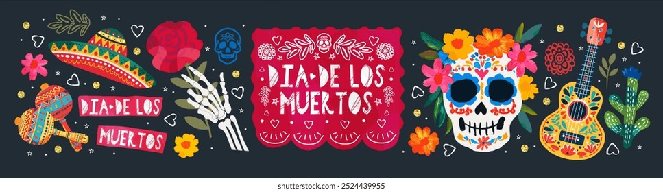 Dia De Los Muertos. Dia dos Mortos, feriado mexicano. Ilustração vetorial do México, crânio, flores, mão esqueleto com rosa, logotipo, objetos para cartão de saudação, cartaz, capa ou banner