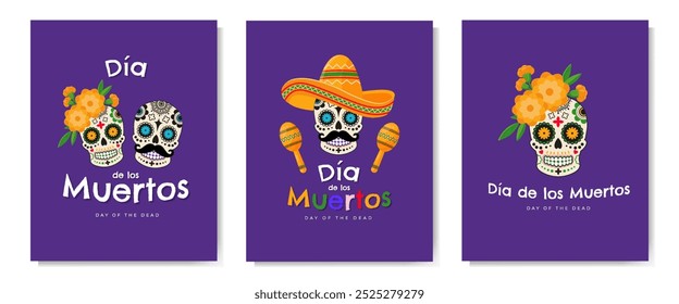 Dia de Los Muertos - Estandarte mexicano do Dia dos Mortos, cartaz, conjunto de cartões com objetos tradicionais mexicanos coloridos. Ilustração vetorial