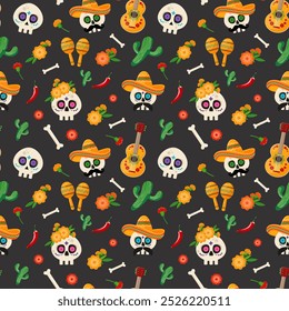 Dia de Los Muertos - Dia Mexicano dos Mortos padrão perfeito com objetos tradicionais mexicanos coloridos. Design para impressão, papel de embrulho, têxtil, tecido, papel de parede. Ilustração vetorial