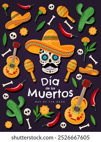 Dia de Los Muertos - Cartaz do Dia Mexicano dos Mortos, banner, modelo de cartão com título e objetos tradicionais coloridos. Ilustração vetorial