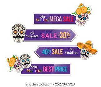 Dia de Los Muertos - Mexican Day of the Dead sticker set with colorful mexican traditional objects. Design template for shopping sale, advertising. Vector illustration