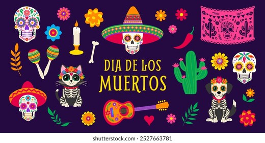 Dia de los muertos is a Mexican holiday that celebrates the lives of the deceased. Various symbols and decorations related to this holiday, including skeletons, flowers, and a guitar