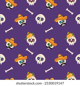 Dia de Los Muertos - Mexican Day of the Dead seamless pattern with colorful mexican traditional objects. Design for print, wrapping paper, textile, fabric, wallpaper. Vector illustration