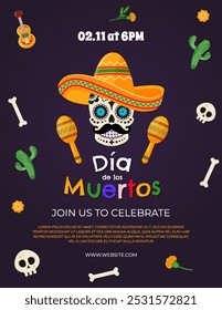 Dia de Los Muertos - Mexican Day of the Dead invitation flyer, poster or banner template with title and colorful traditional objects. Vector illustration