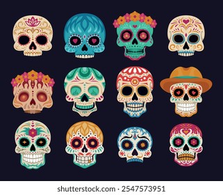 Dia de los muertos Mexican festival ornate skull set vector flat illustration. Mexico Halloween festive skeleton bone face with flower abstract ornament traditional religious culture holiday