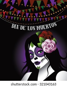 Dia de los Muertos - Mexican Day of the dead woman wearing sugar skull makeup bunting background. EPS 10 vector illustration for holidays, religion, greeting card, advertising, social media, blog