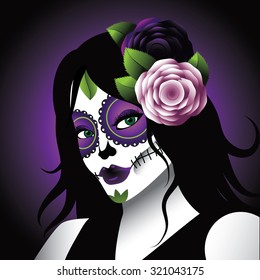 Dia de los Muertos - Mexican Day of the dead woman wearing sugar skull makeup. EPS 10 vector illustration for holidays, religion, greeting card, advertising, social media, blog