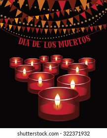 Dia de los Muertos - Mexican Day of the dead red candles and bunting background. EPS 10 vector illustration for holidays, religion, greeting card, advertising, social media, blog, marketing