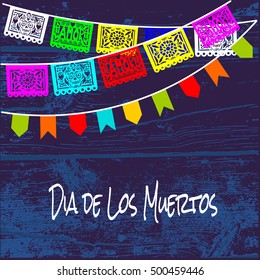 Dia de Los Muertos, Mexican Day of the Dead card, invitation, with cut paper flags and a texture of wood in the background, vector illustration.