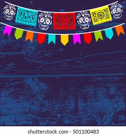 Dia de Los Muertos, Mexican Day of the Dead background with paper cut flags, vector illustration.