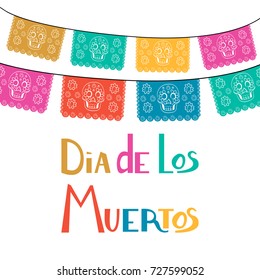 Dia de Los Muertos, Mexican Day of the Dead card, invitation. Party decoration, string of lights, handmade cut paper flags, skull, floral decor. Old wooden background.