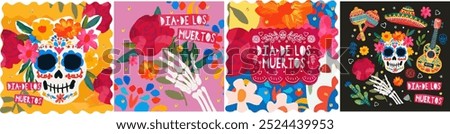 Dia De Los Muertos. Mexican holiday Day of the Dead. Vector illustration of Mexico, skull, flowers, skeleton hand with rose, floral pattern, objects for greeting card, poster, cover or background