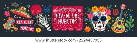 Dia De Los Muertos. Mexican holiday Day of the Dead. Vector illustration of Mexico, skull, flowers, skeleton hand with rose, logo, objects for greeting card, poster, cover or banner