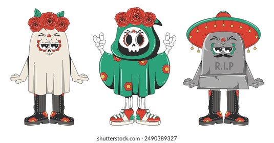 Dia de los muertos. Mexico Day of the Dead mascot characters in trendy groovy style. Cute ghost, Death and tombstone wearing a sombrero. Retro 60s-70s cartoon style.