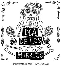 Dia de los Muertos Mictlancihuatl mexican sugar skull Calavera Catrina girl skeleton sits   plays maracas the day the death all saints  Vector skull icon for cards  posters  stickers