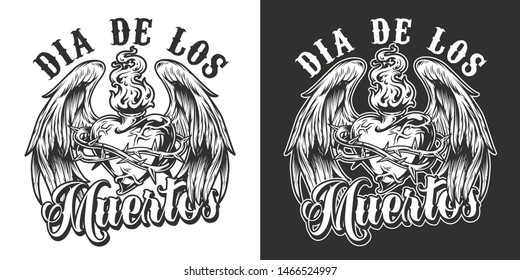 Dia De Los Muertos monochrome label with fiery heart in barbed wire with angel wings in vintage style isolated vector illustration