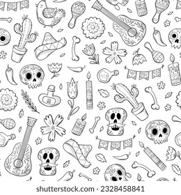 Dia de los muertos monochrome seamless pattern with hand drawn doodles, cartoon elements for wallpaper, scrapbooking, packaging, prints, coloring pages, wrapping paper, etc. EPS 10 