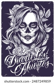 Dia de los muertos monochrome vintage flyer with zombie woman rising from dead on eve of Mexican holiday vector illustration