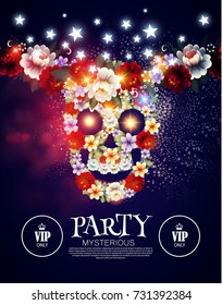 Dia de los Muertos. Mysterious Party. Day of the Dead Background with Traditional Mexican Scull with Flowers and Light Effects. Vector illustration