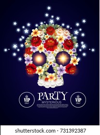 Dia de los Muertos. Mysterious Party. Day of the Dead Background with Traditional Mexican Scull with Flowers and Light Effects. Vector illustration