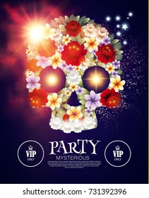 Dia de los Muertos. Mysterious Party. Day of the Dead Background with Traditional Mexican Scull with Flowers and Light Effects. Vector illustration