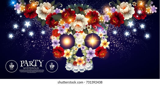 Dia de los Muertos. Mysterious Party. Day of the Dead Background with Traditional Mexican Scull with Flowers and Light Effects. Vector illustration