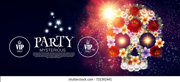 Dia de los Muertos. Mysterious Party. Day of the Dead Background with Traditional Mexican Scull with Flowers and Light Effects. Vector illustration