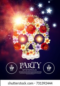 Dia de los Muertos. Mysterious Party. Day of the Dead Background with Traditional Mexican Scull with Flowers and Light Effects. Vector illustration