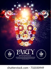 Dia de los Muertos. Mysterious Party. Day of the Dead Background with Traditional Mexican Scull with Flowers and Light Effects. Vector illustration
