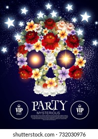 Dia de los Muertos. Mysterious Party. Day of the Dead Background with Traditional Mexican Scull with Flowers and Light Effects. Vector illustration
