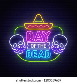 Dia de los Muertos neon sign, bright signboard, light banner. Dead day, night sale logo, emblem. Vector illustration