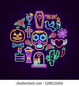 Dia de los Muertos Neon Concept. Vector Illustration of Mexican Holiday Promotion.