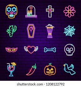 Dia de Los Muertos Neon Icons. Vector Illustration of Holiday Symbols.