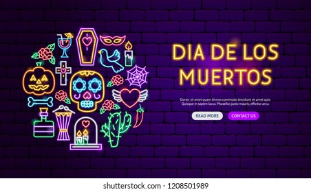 Dia de los Muertos Neon Banner Design. Vector Illustration of Mexican Holiday Promotion.