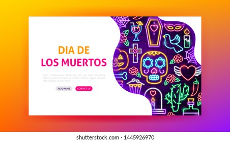 Dia De Los Muertos Neon Landing Page. Vector Illustration of Holiday Promotion.