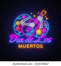 Dia de los muertos Neon Sign Vector. Day of the dead Neon Poster, Mexican holiday, festival design template. Vector poster, banner and card. Vector illustration.