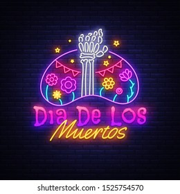 Dia de los muertos Neon Sign Vector. Day of the dead Neon Poster, Mexican holiday, festival design template. Vector poster, banner and card. Vector illustration.