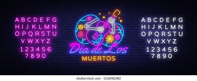 Dia de los muertos Neon Sign Vector. Day of the dead Neon Poster, Mexican holiday, festival design template. Vector poster, banner and card. Vector illustration. Editing text neon sign.