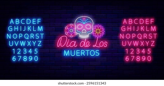 Dia de Los Muertos neon label. Day of the Death. Cinco de Mayo. Mexican national holiday. Vector stock illustration