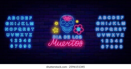 Dia de Los Muertos neon emblem. Day of the Death. Cinco de Mayo. Vector stock illustration