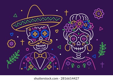 Dia de los muertos neon sign banner. Day of the dead sugar skull couple man in sombrero and woman with flower crown. Mexican holiday celebration line art background, halloween party poster